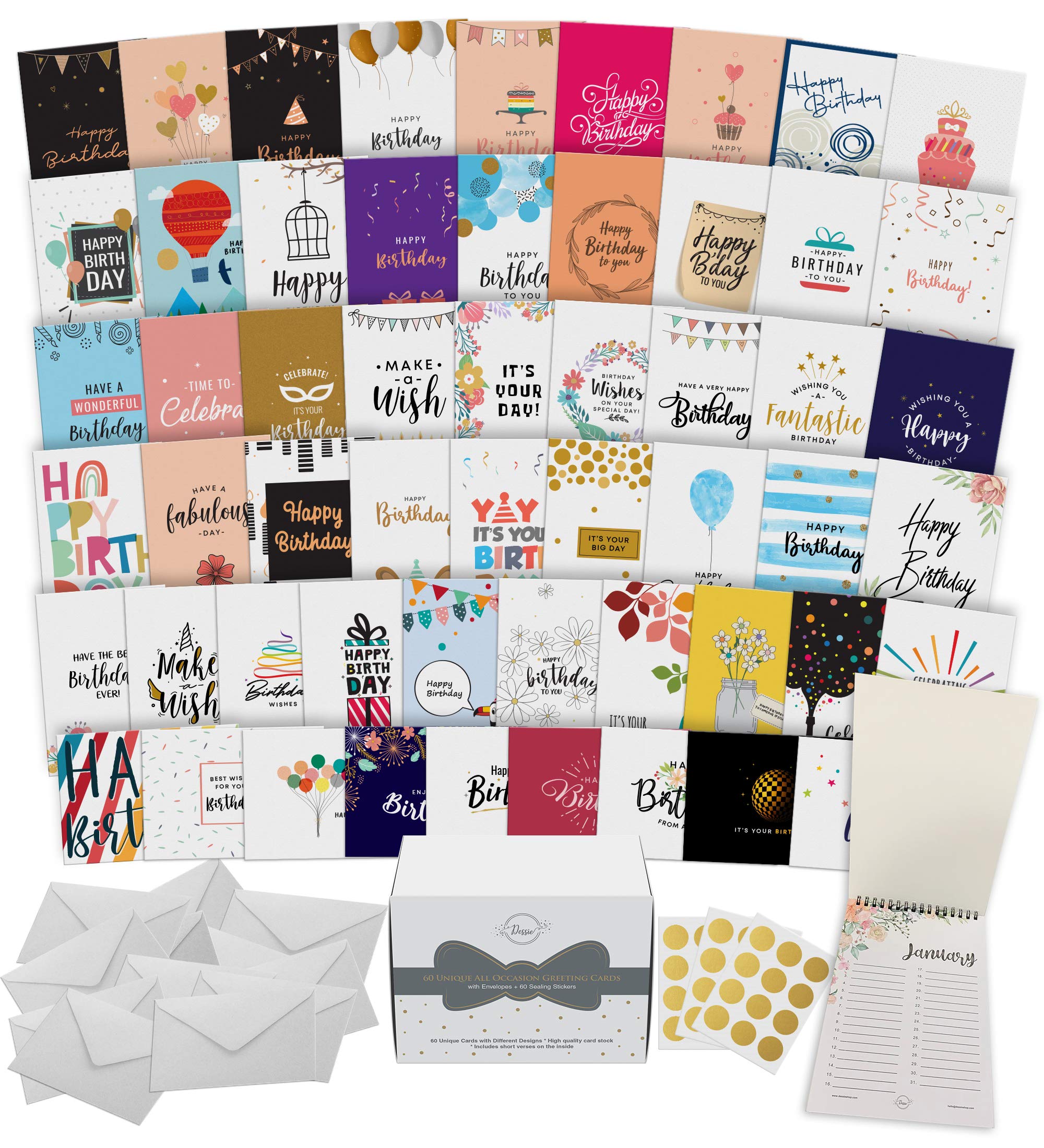 Amazon.com : Dessie 60 Unique Birthday Cards Assortment 5x7 with